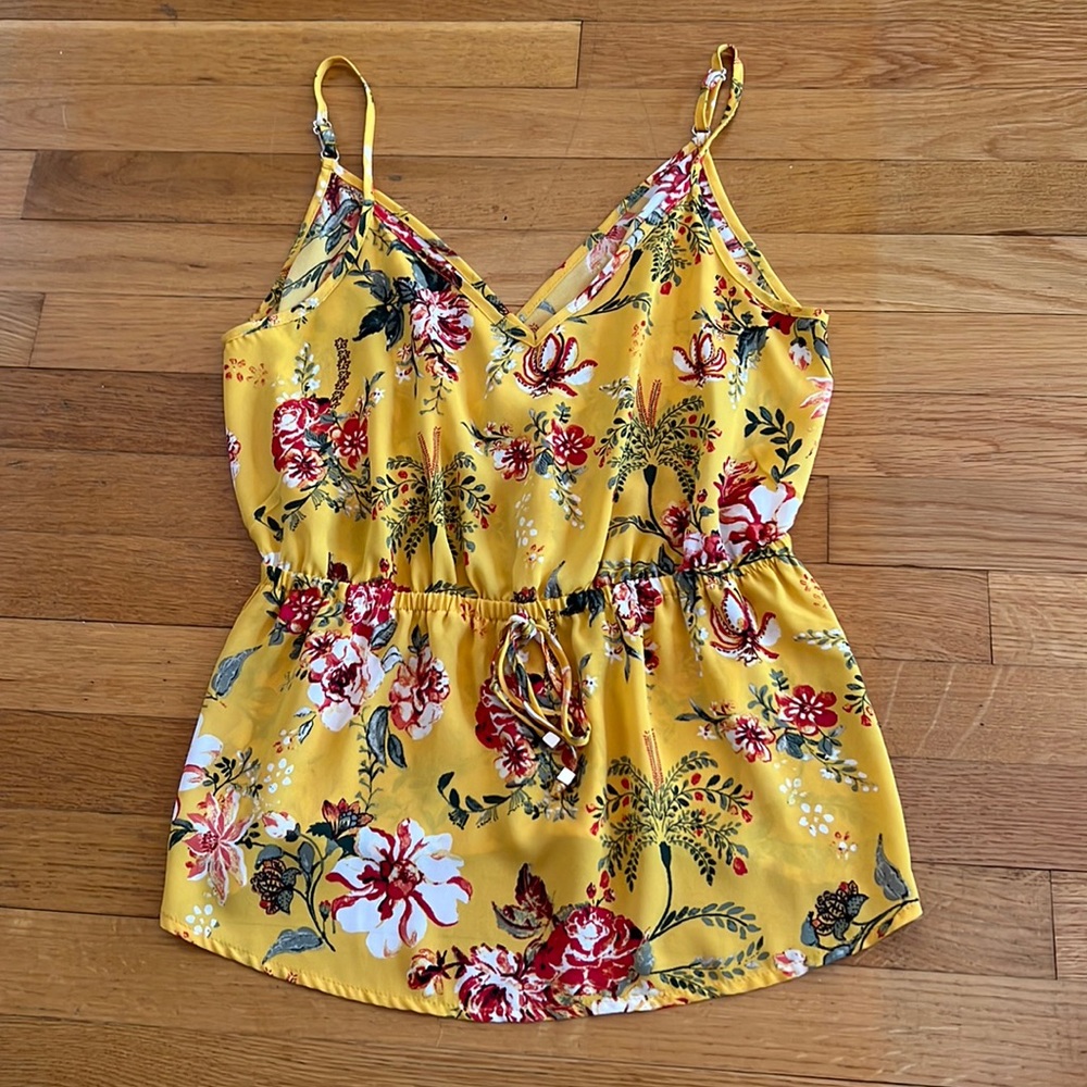 Yellow tank-top blouse with Red and Green floral, Medium, Barely worn, Marshalls
